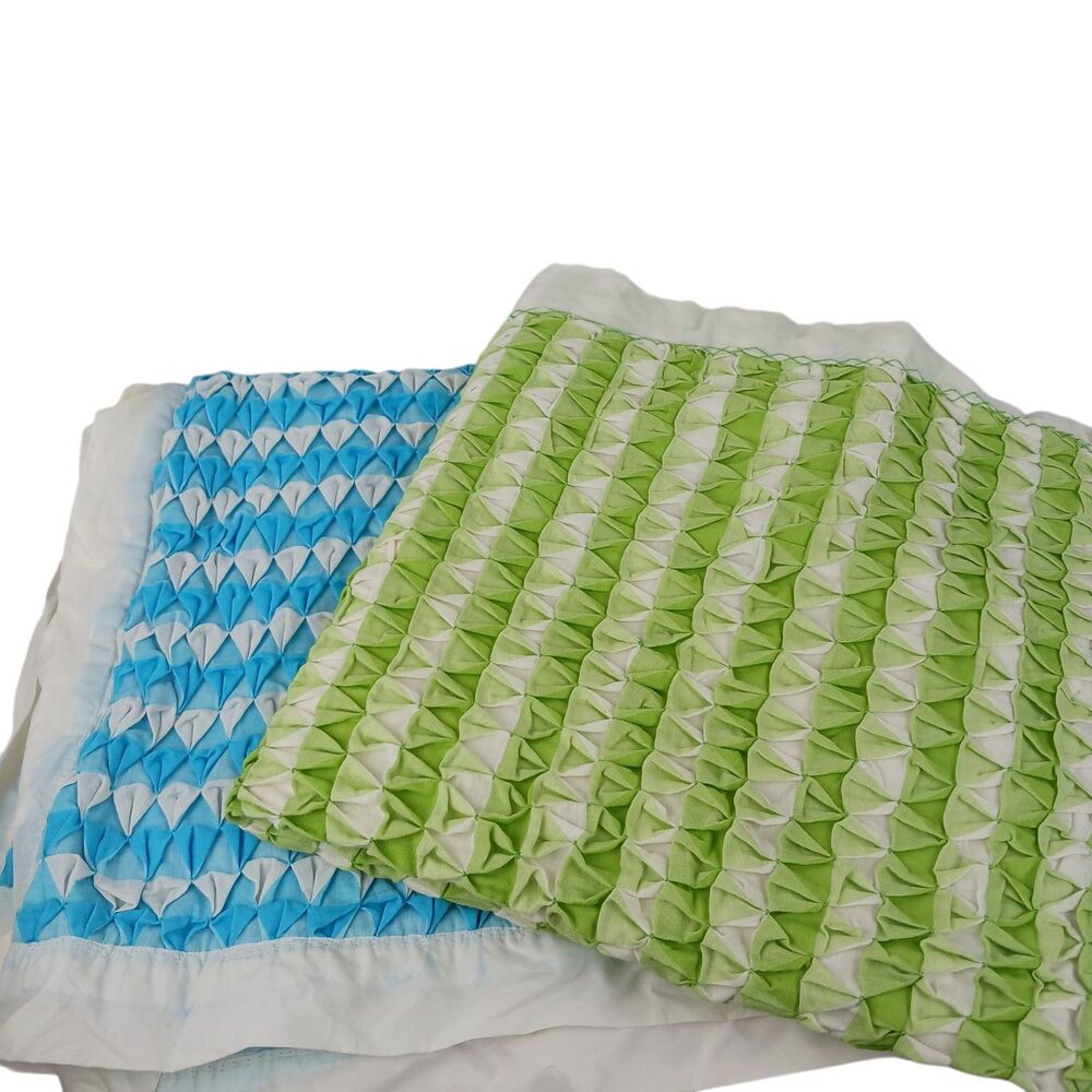 Vtg  Handmade Green & Blue White Gingham Hand Stiched Pintuck Crib Blankets Set